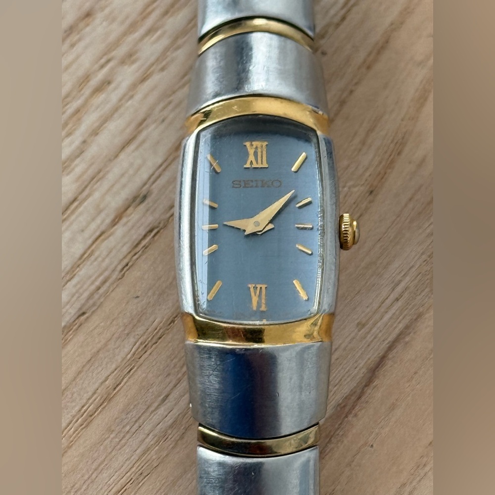 Seiko Rare Curved Crystal Vintage Watch Light Blue Dial Two-Tone Bracelet